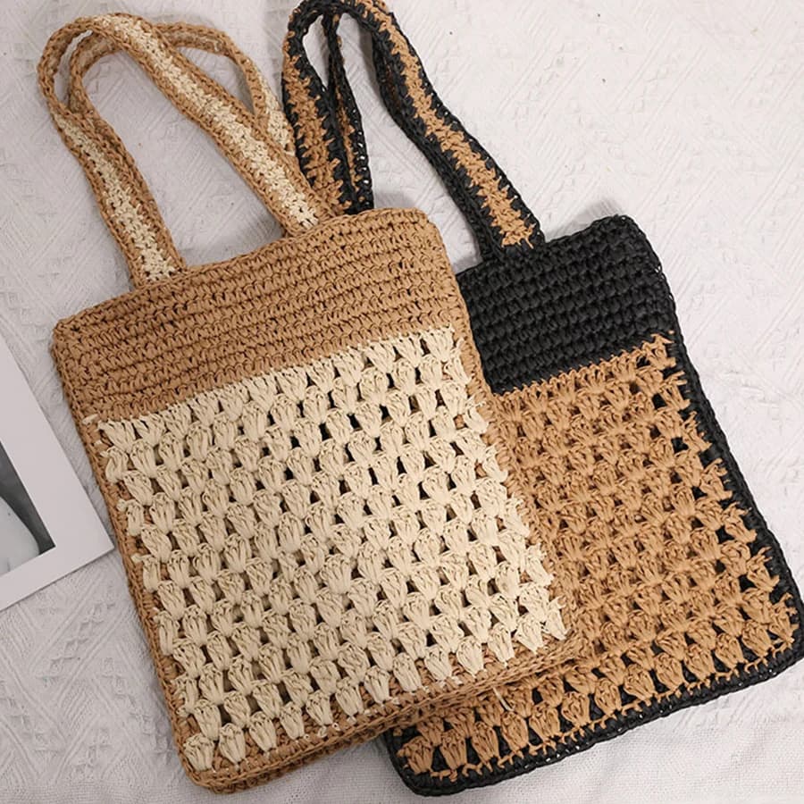 Borsa a tracolla intrecciata a mano con nuovo design in paglia con ganci all'uncinetto color block Borse estive da spiaggia per le vacanze scavate