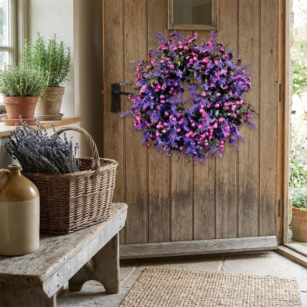 Ghirlanda di Lavanda Artificiale in Plastica, Realistica e Fatta a Mano, Ghirlanda Floreale di Lavanda Finta, Fiori Simulati, Ghirlanda da Appendere alla Porta