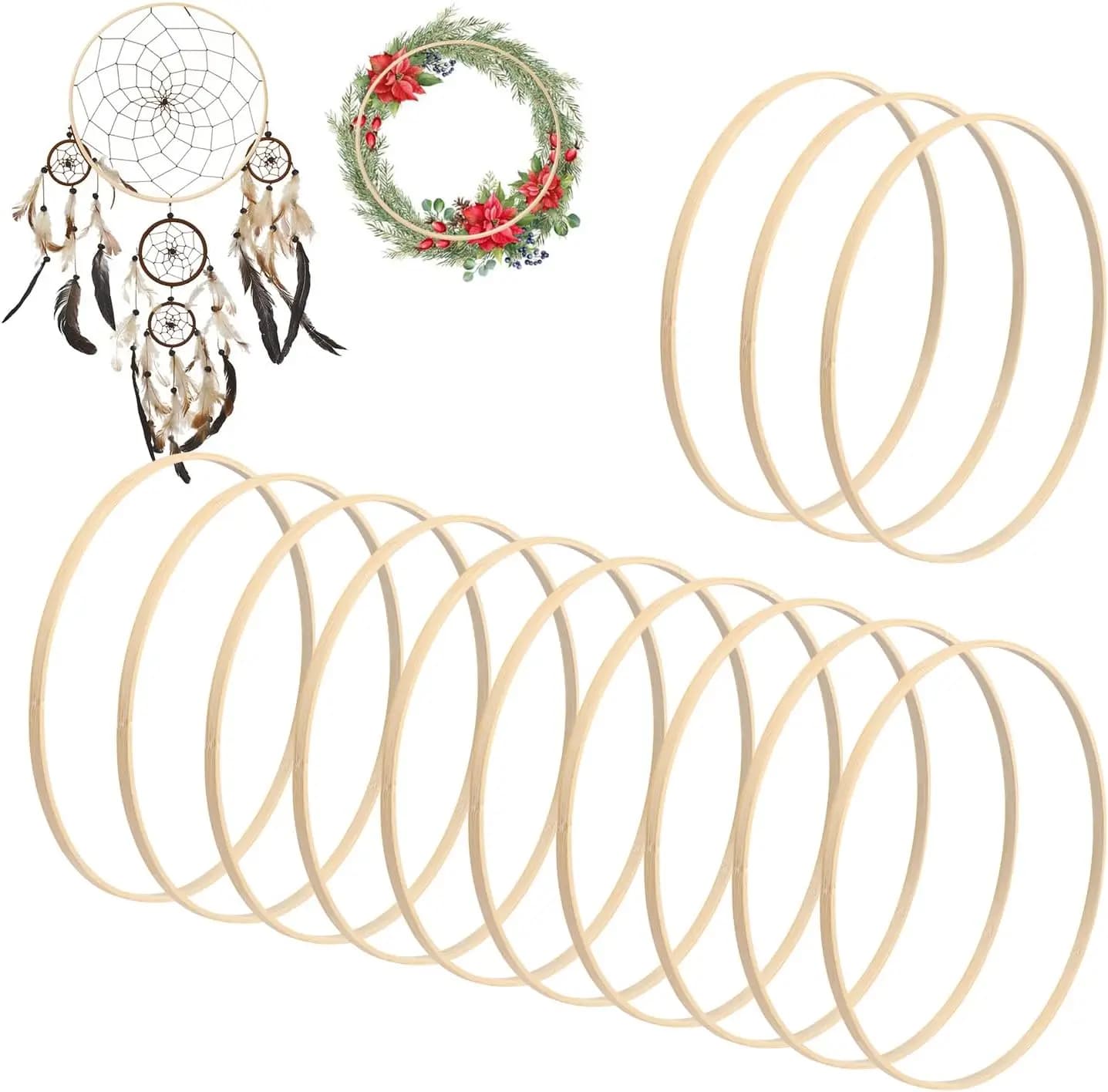 15 Pack 10 Inch Wooden Floral Hoops for Crafts, 10 Inch Round Bamboo Wreath Rings for DIY Wedding Wreaths, Dream Catchers & Wall