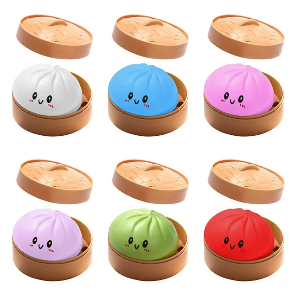 New Colorful Dumpling Squishes Stress Toys Simulation Food Squishies Bun with Steamer Squeeze Dough Ball