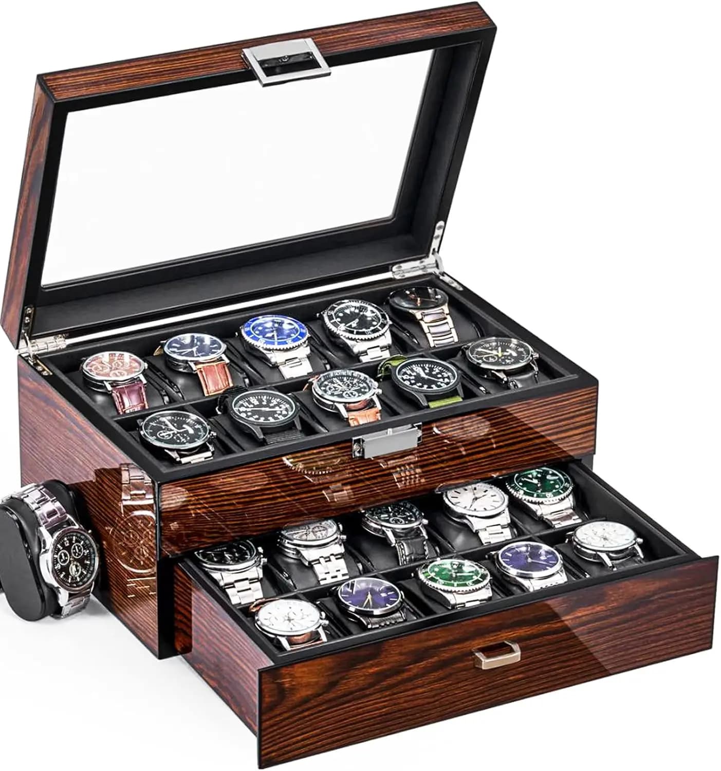 Scatola portaorologi da 20 scomparti con coperchio in vetro, scatola portaorologi in legno per uomo, interno in pelle marrone