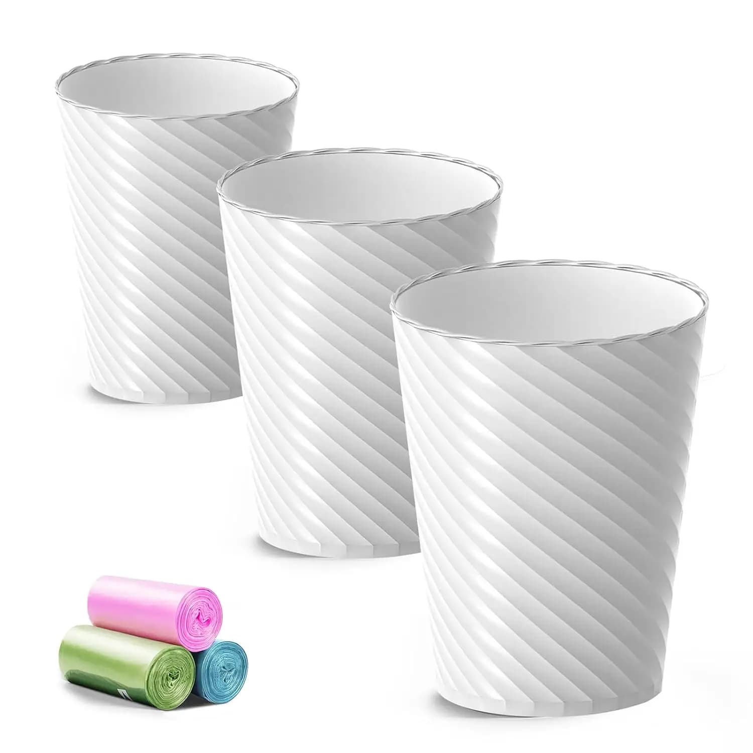 Set di 3 Piccoli Cestini per Rifiuti con Sacchetti, Contenitore Rotondo Compatto da 6,8 Litri per Bagno, Cucina, Ufficio (Bianco)