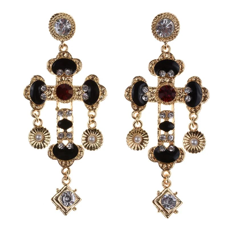 2026 New Fashion Ethnic Statement Baroque Cross Earrings Women Indian Vintage Black White Enamel Drip Oil Dangle Earring Jewelry