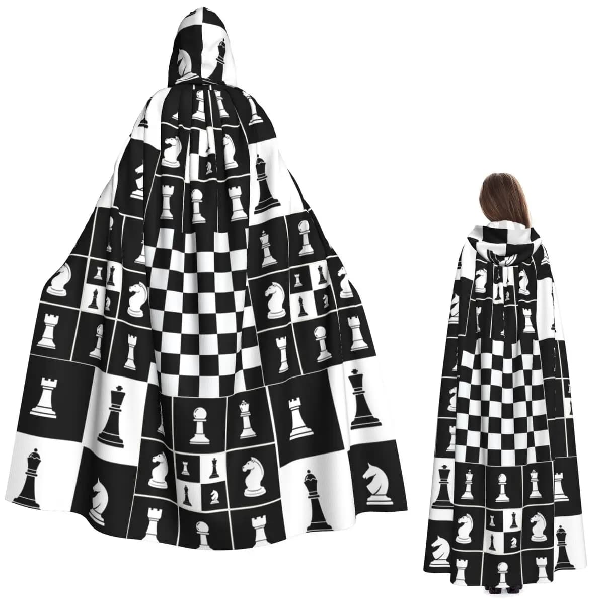 Pezzi degli scacchi a bordo Scacchiera Mantello lungo con cappuccio Strega Costume medievale Mantello cosplay HalloweenParty Adulto unisex