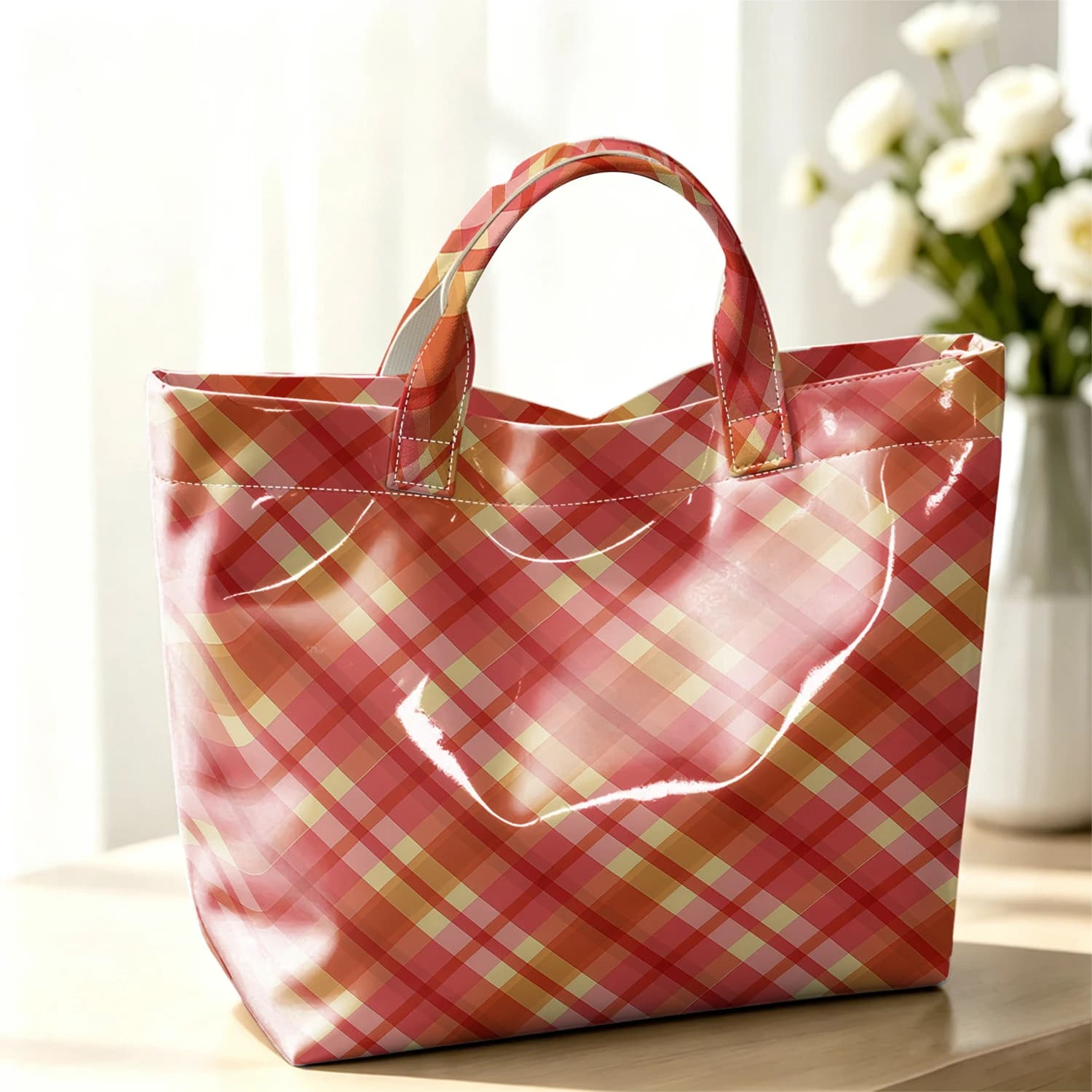 Warm Orange-Red Checkerboard Stylish Large Glossy PVC Tote Bag Washable Waterproof Durable Ideal for Travel Commute Handbags