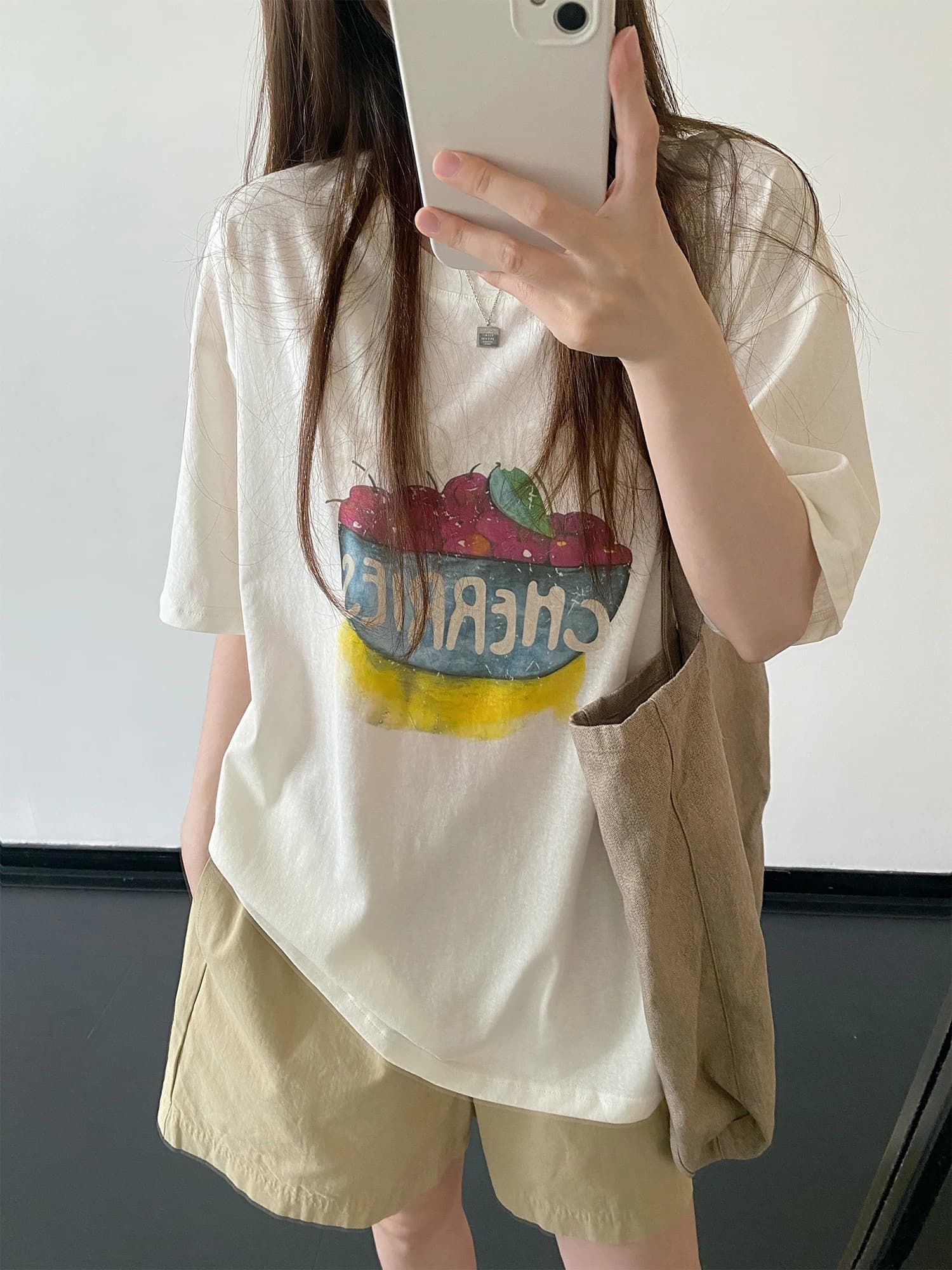 SunYeo Watercolor Hand-drawn Style Cherry Bowl Print T-shirt Thin Casual Loose Fit round Neck Short Sleeve Women's Top