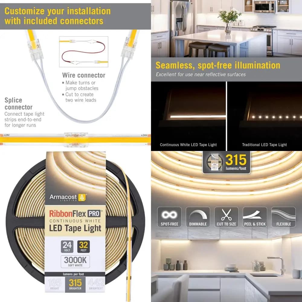Striscia LED COB Bianca 24V, 3000K Bianco Caldo, 315 Lumen/Metro, Lunghezza 10 Metri