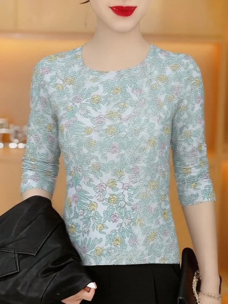 Elegante Maglia a Maniche Lunghe Stampata da Donna, Taglie Forti, Modellante e Coprente, Top Traspirante in Fibra di Poliestere con Girocollo