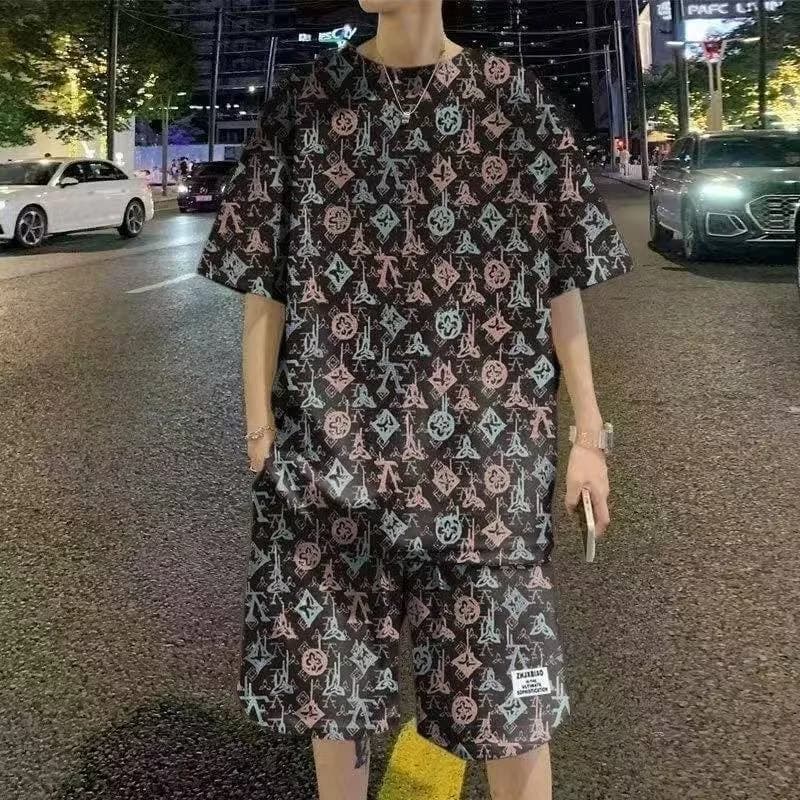 Plus Size Men Full Print Eiffel Tower Tracksuit Loose Short Sleeve T-shirt and Shorts Set Casual Streetwear Summer Two Piece