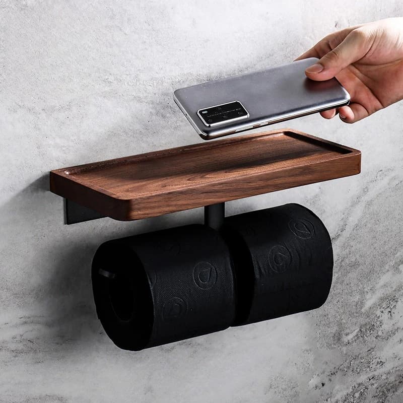 Portarotolo di carta in legno per WC 2025Nuovo porta fazzoletti da bagno moderno in noce, senza trapano, organizer a parete con ripiano per telefono solido