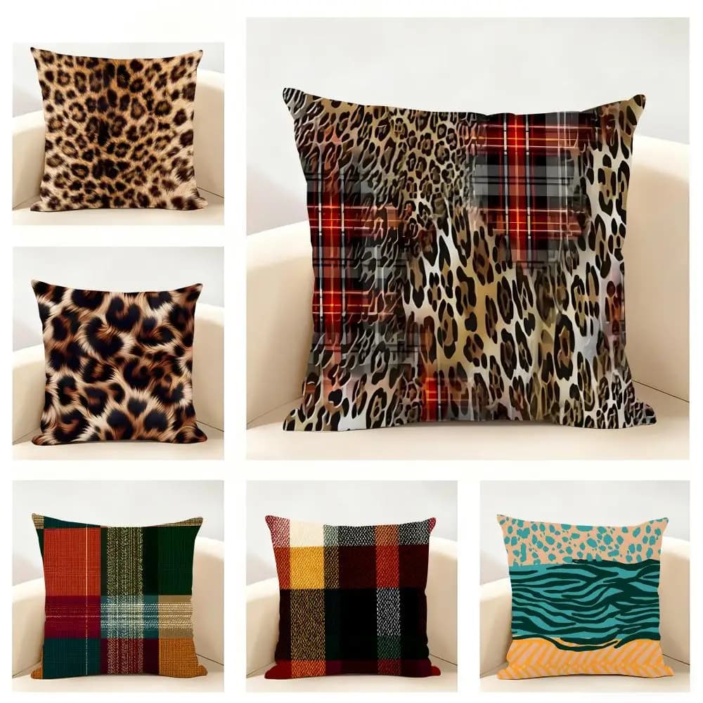 Plaid Leopard Print Textures Pillow Cushion Cover Linen Pillowcase Soft for Sofa Bed Home Room Decor