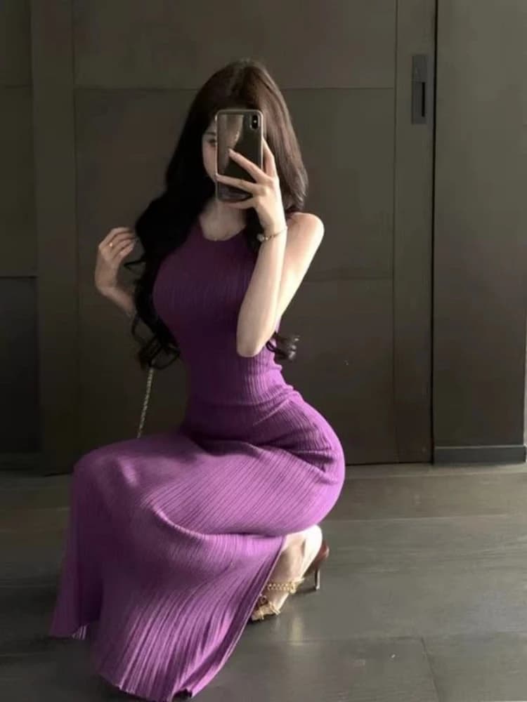 Summer New Unique Beautiful Purple Knitted Long Tight Women's Dress Sexy V-Neck Sleeveless High Waist Polyester Wraparound Skirt