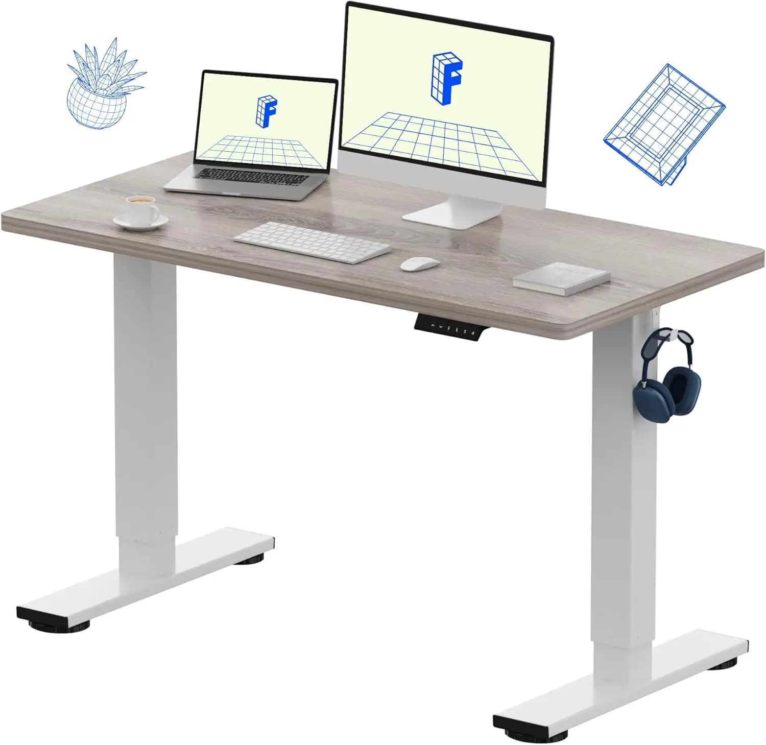 One-Piece Electric Height Adjustable Standing Desk - 48x24 Inches, 1-Inch Thick Seamless Desktop, for Home Office, Multi-Monitor Setups, Easy Assembly, Gray Wood