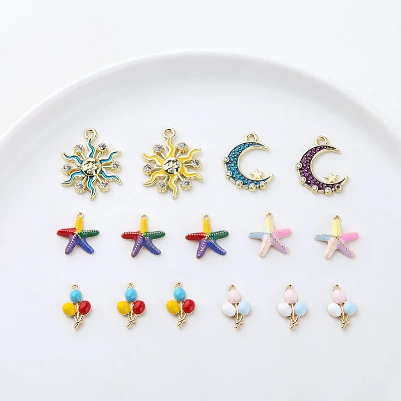 6pcs Diy Handmade Jewelry Accessories Copper Plated Inlaid Rhinestones Oil Drop Sun Moon Balloon Pendant Earrings Material