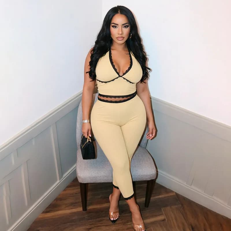 Lace Patchwork Ribbed 2 Piece Set Women Sexy V Neck Halter Backless Tanks Crop Tops + Skinny Calf Length Pants Clubwear Suits