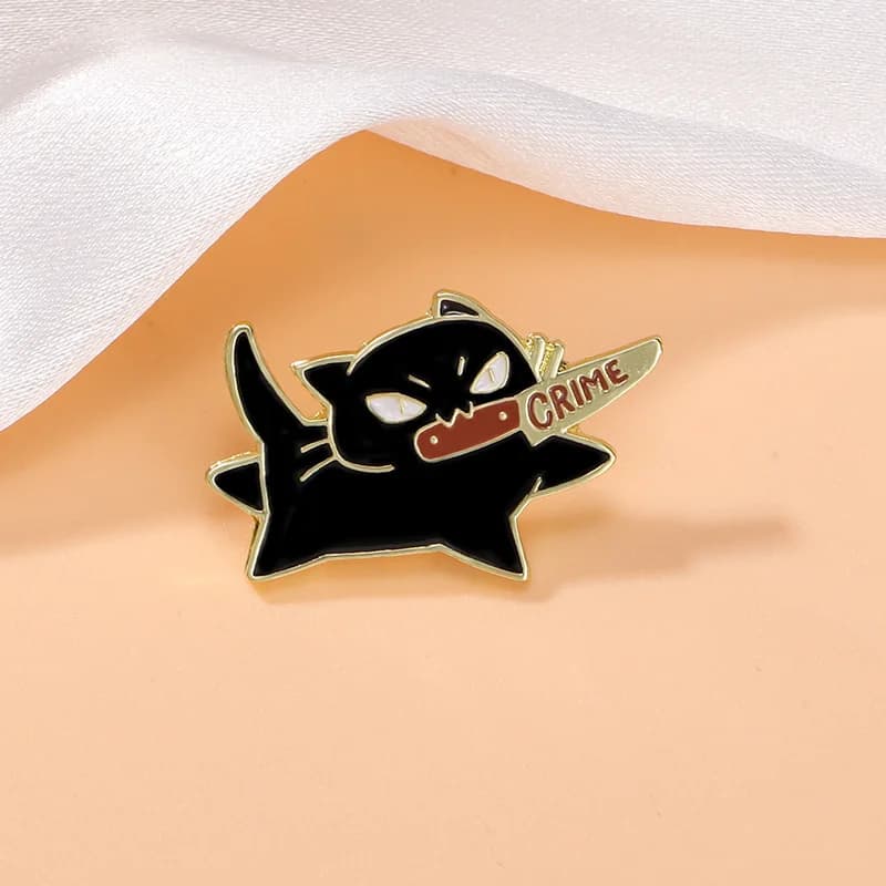Hot Sale Fashion1pc Cute Cartoon Black Cat Enamel Brooch Creative Animal With A Knife In Mouth Lapel Pin Badge Backpack Clothing