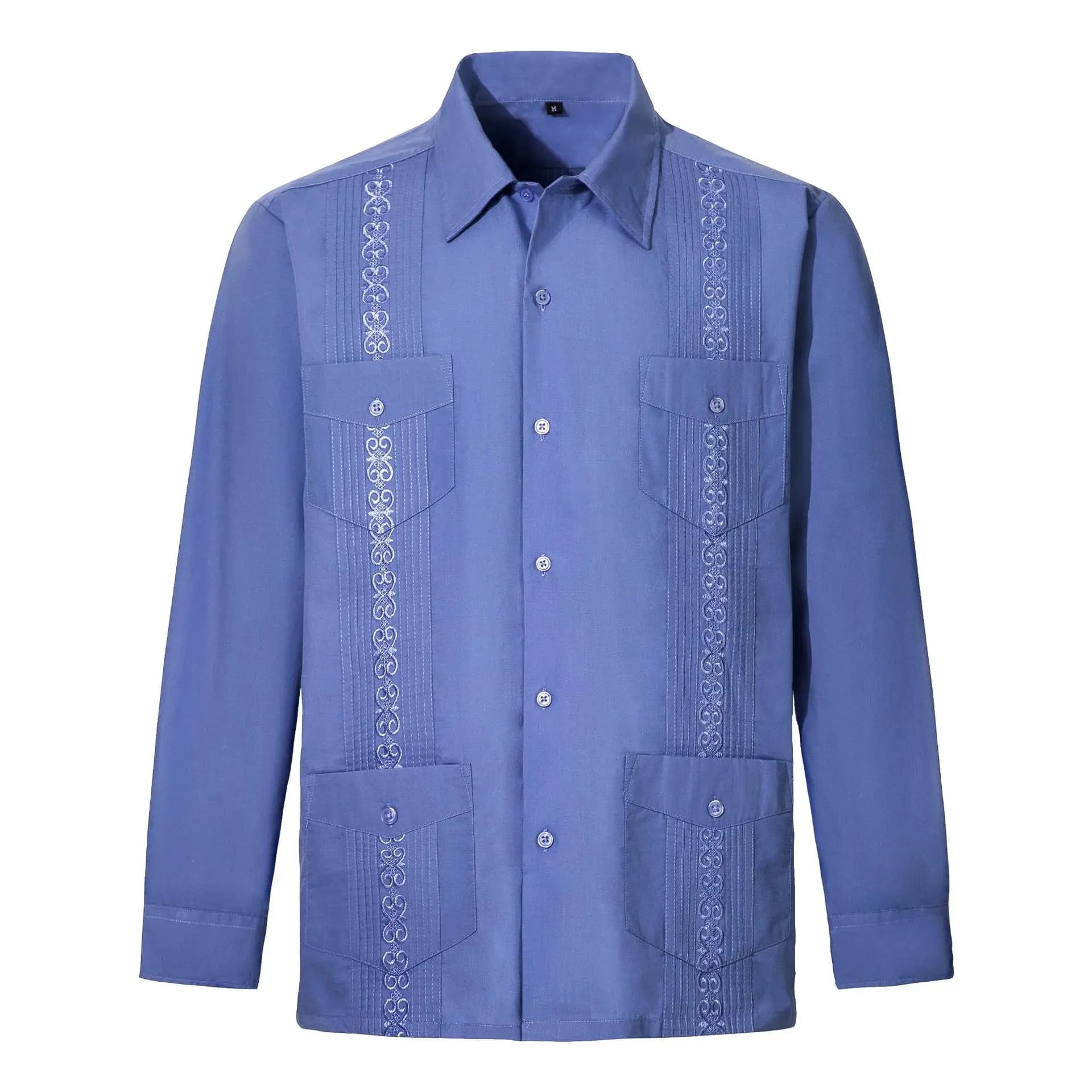 Camicia estiva da uomo a maniche lunghe con ricami, colletto a revers, stile cubano Guayabera, taglia grande, abbigliamento safari, cardigan con 4 tasche