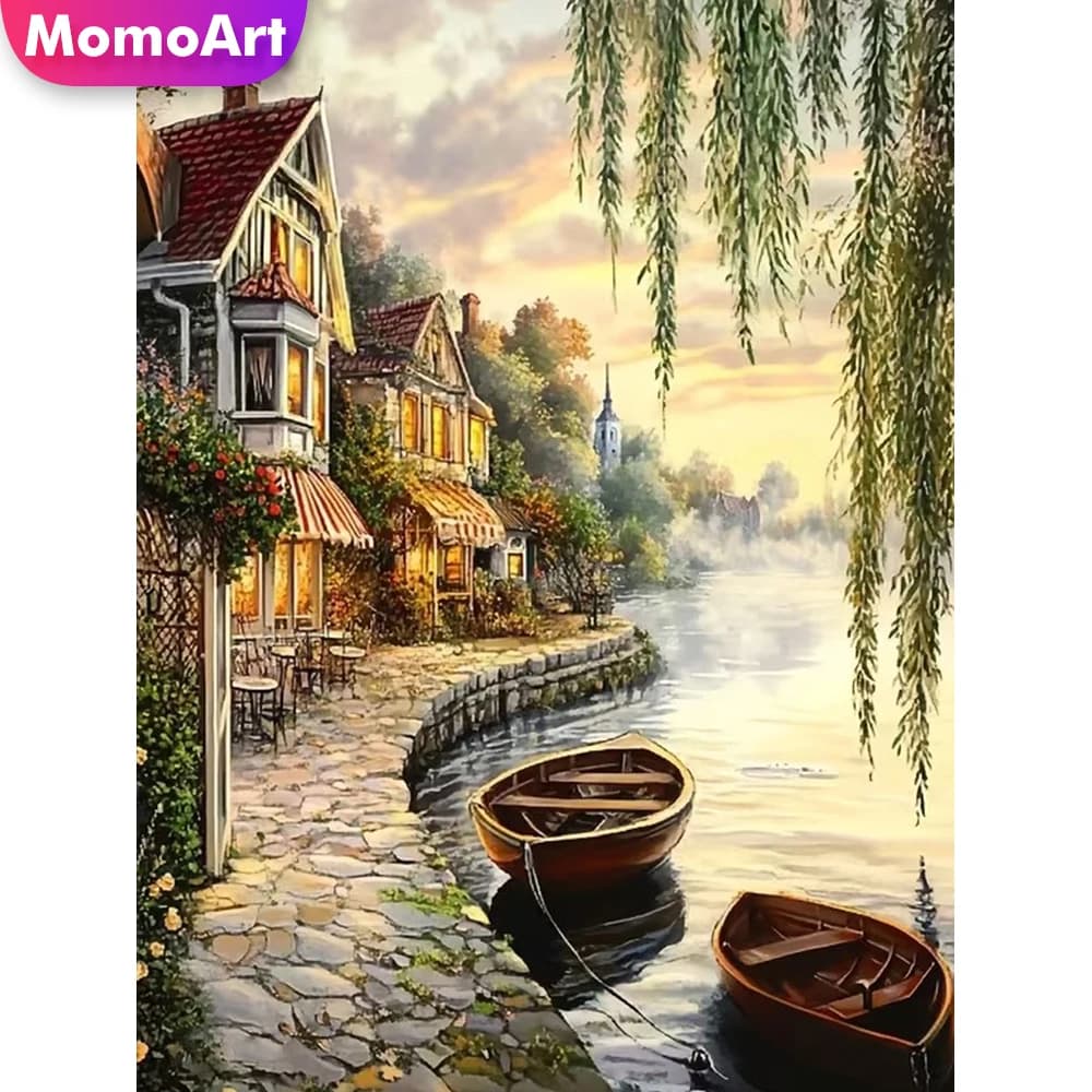 Momoart Diamond Mosaic Street Pattern for Adults Beginners Town Diamond Painting Landscape DIY Ship Embroidery Holiday Gifts