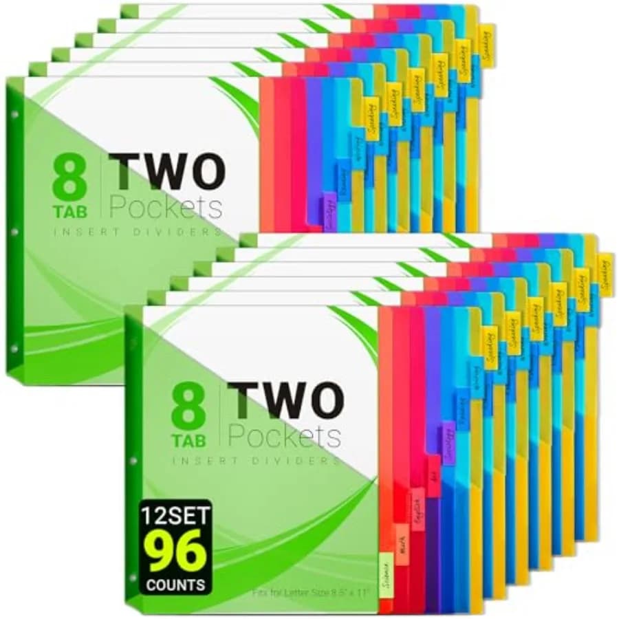 Divisori a 8 linguette per raccoglitori a 3 anelli, 9 divisori con 3 fori e tasche, divisori inseribili a 8 linguette per raccoglitori a 3 anelli