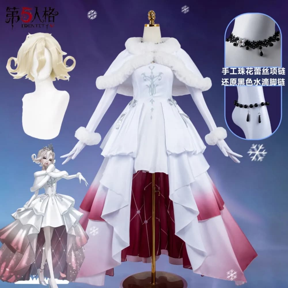 Identity V Bloody Queen Mary Cosplay Costume White Fur Shawl Dress Snowflake Accessory Wig Ice Snow Festival Performance Costume