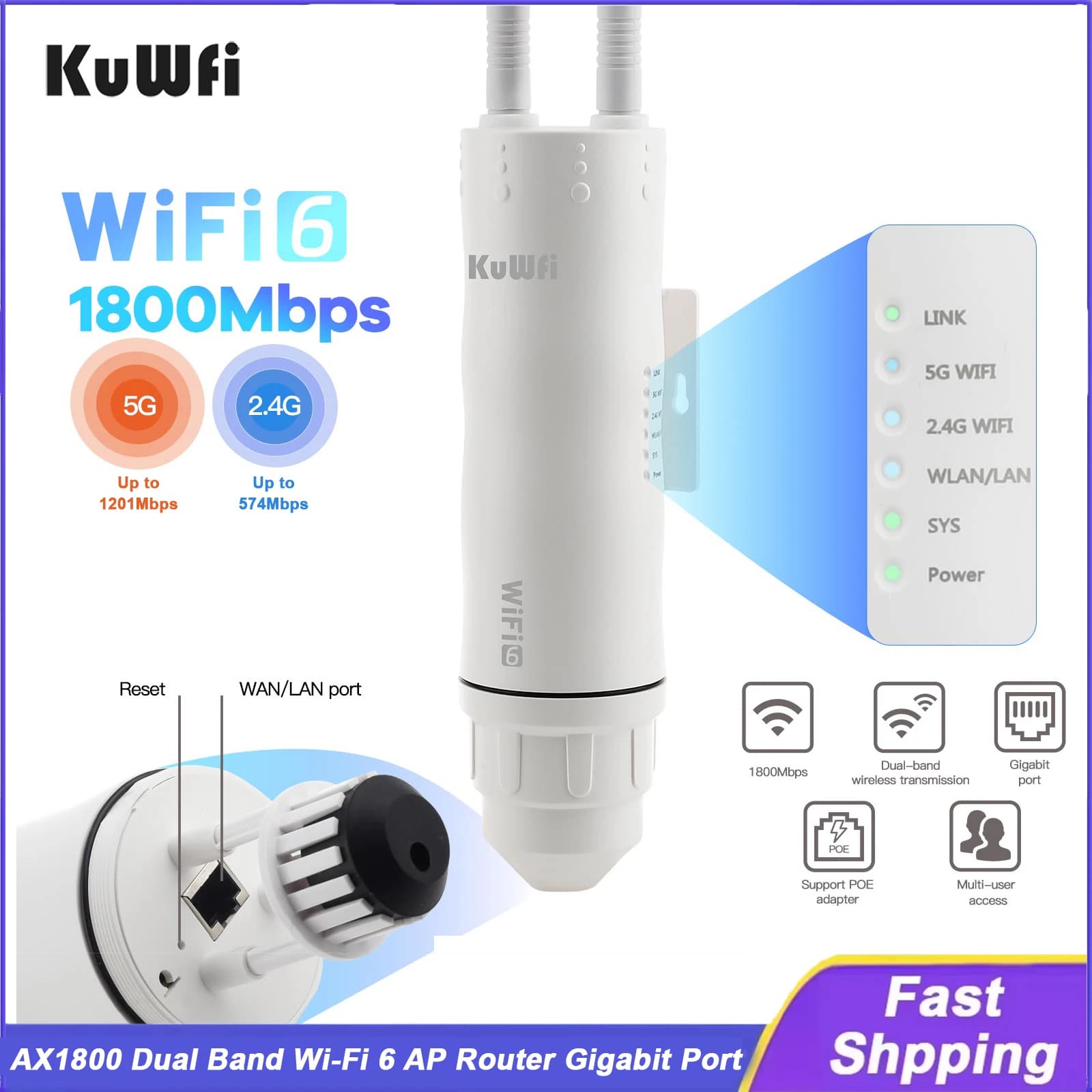 KuWFi AX1800 Router AP esterno Dual Band WiFi 6 Router Porta Gigabit Ethernet Antenna ad alto guadagno Ripetitore AP MESH IP67 per Stalink