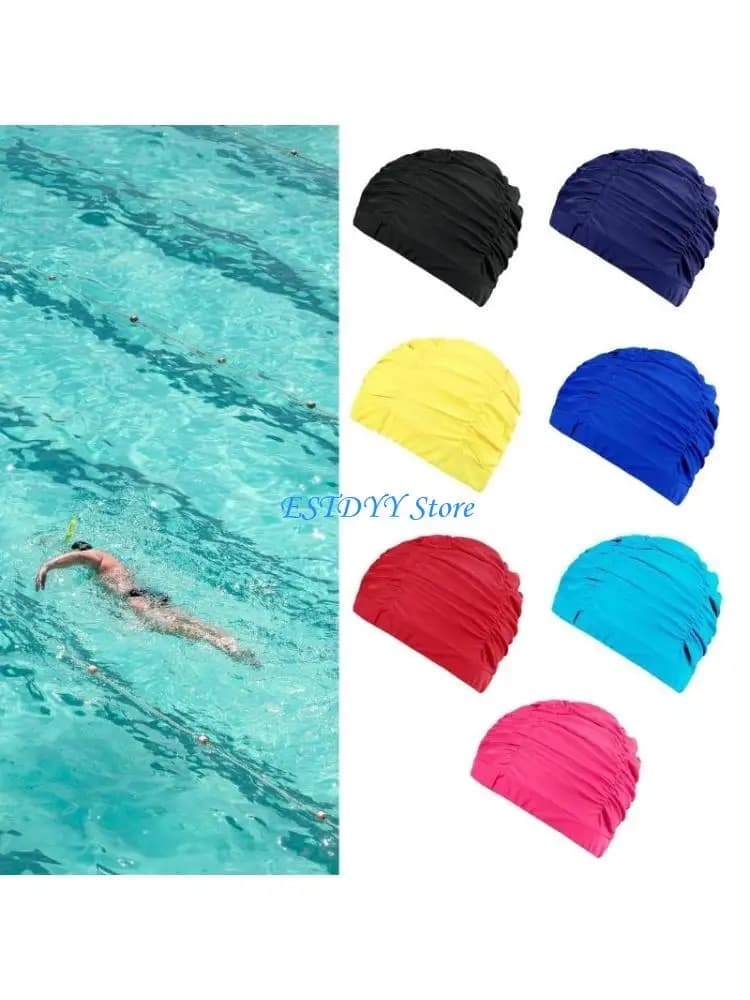 G6DE Nylon Cloth Swim Caps Elastic Comfort Bathing Caps Pleated Cloth Swim Hats