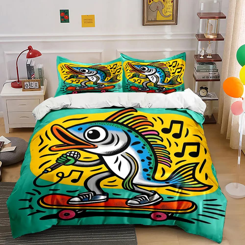 Colorful fish singing on skateboard Print Bedding Set 1 Duvet Cover 2 Pillowcases for Adult and Children Luxury Gift Full Size