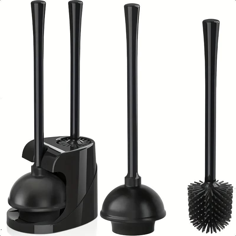 Set scopino per WC 2 in 1 e stantuffo con manico lungo - Testa girevole, kit di strumenti per la pulizia del bagno indipendente, accessori per WC