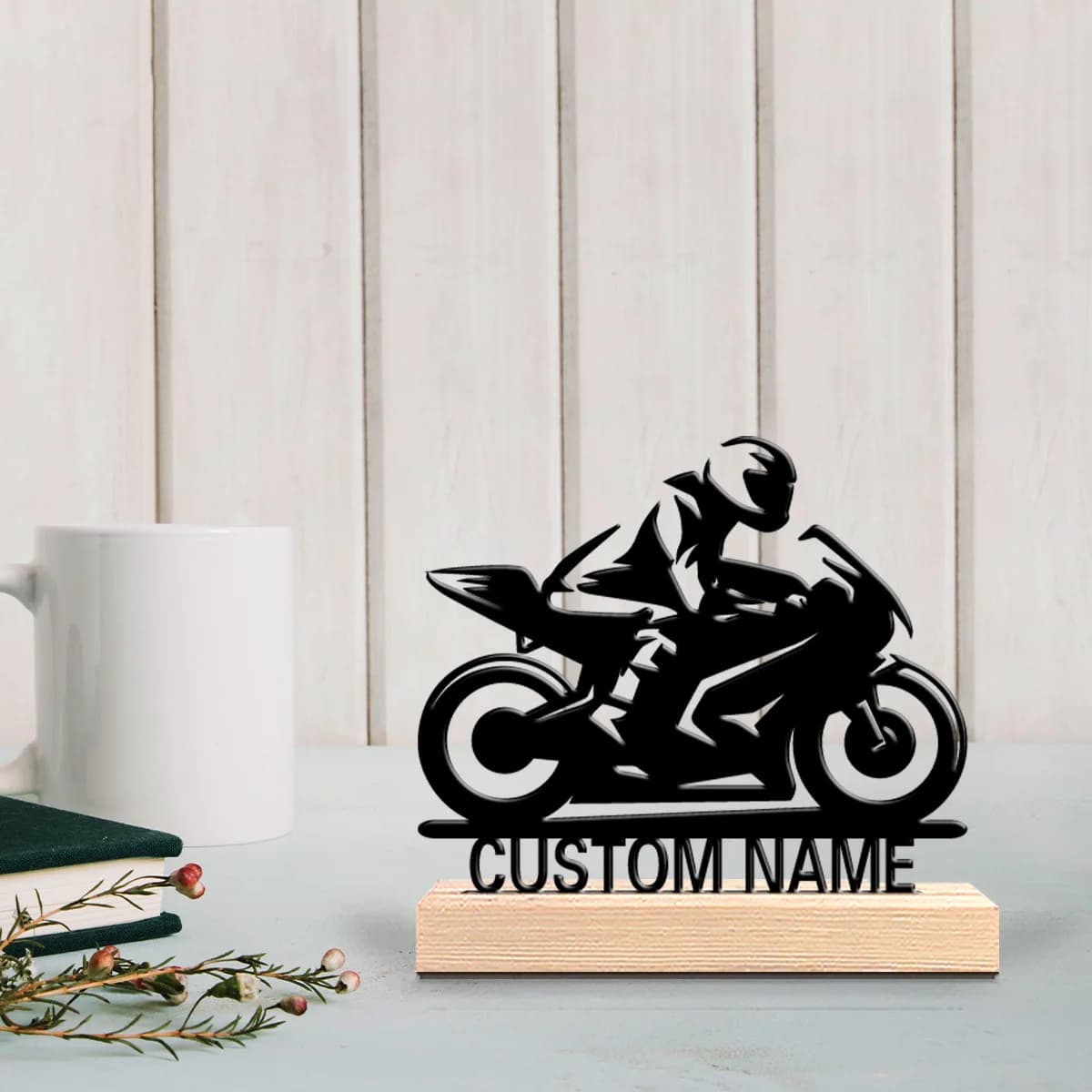 Statua in Metallo Personalizzata per Motociclisti con Base in Legno, Decorazione da Tavolo, Ideale come Regalo per Motociclisti