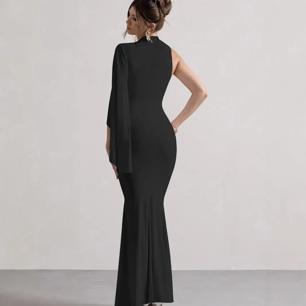 Abito Midi Elegante Autunno 2024, Sexy e Aderente, con Collo Rotondo e Spalle Scoperte, Maniche Lunghe, Moda Femminile Popolare