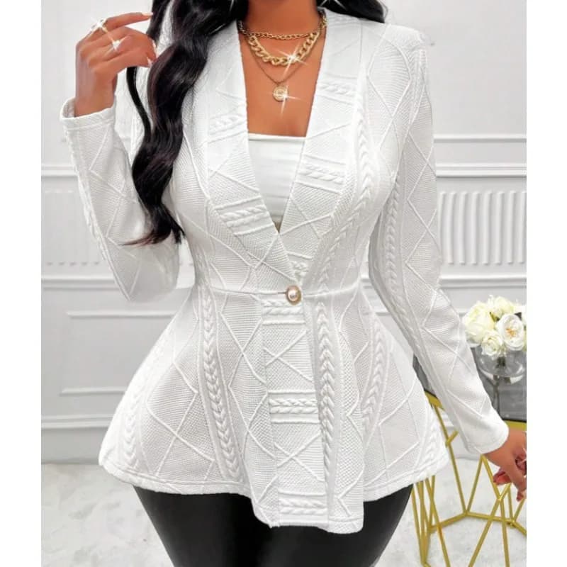 Fashion Elegant Deep V Neck Cardigan Women Suit Jacket Long Sleeve Autumn Office Lady Shirt Jacquard Casual Blazer Slim Fit Coat