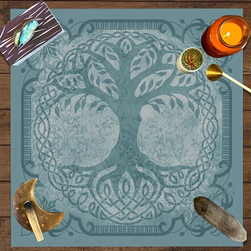1 pezzo di tela da altare per tarocchi dell'albero della vita e tappetino da divinazione - Design con nodo celtico e ebraico/nome latino, con fasi lunari e grafico zodiacale, adatto per meditazione, stregoneria, layout di carte dei tarocchi