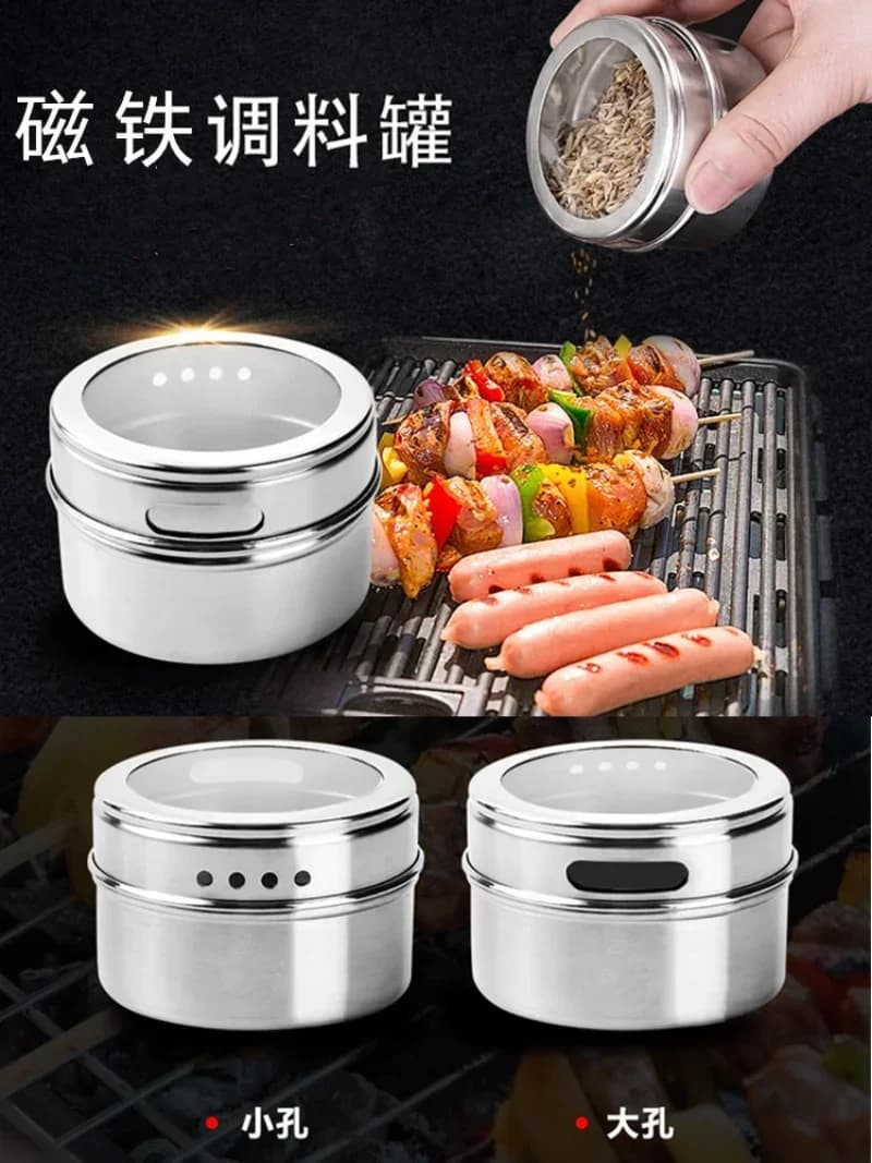 Set di vasetti per condimenti in acciaio inossidabile con scatola per polvere con adesivi per barbecue sigillati e scatola di immagazzinaggio con magnete per spalmare