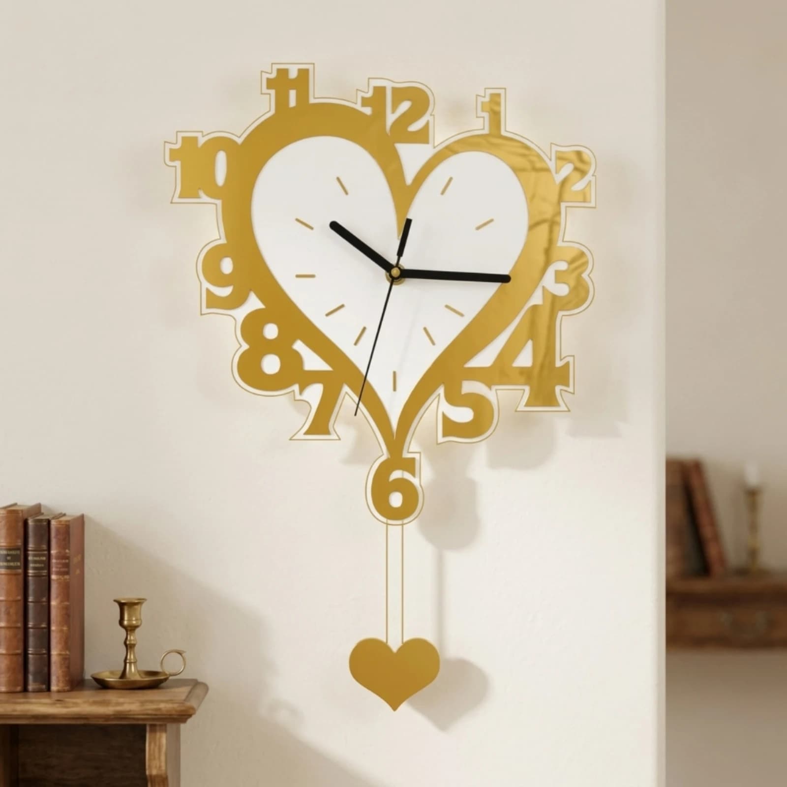 Decorative Heart Shaped Clock Acrylic Wall Clock with Pendulum Non Ticking Silent Movement for Cozy Living Space
