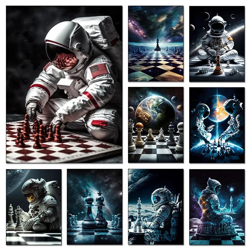 Poster Astronauta Universo che Gioca a Scacchi, Arte Astratta su Tela, Quadro Moderno da Parete per Club, Soggiorno, Decorazione Casa