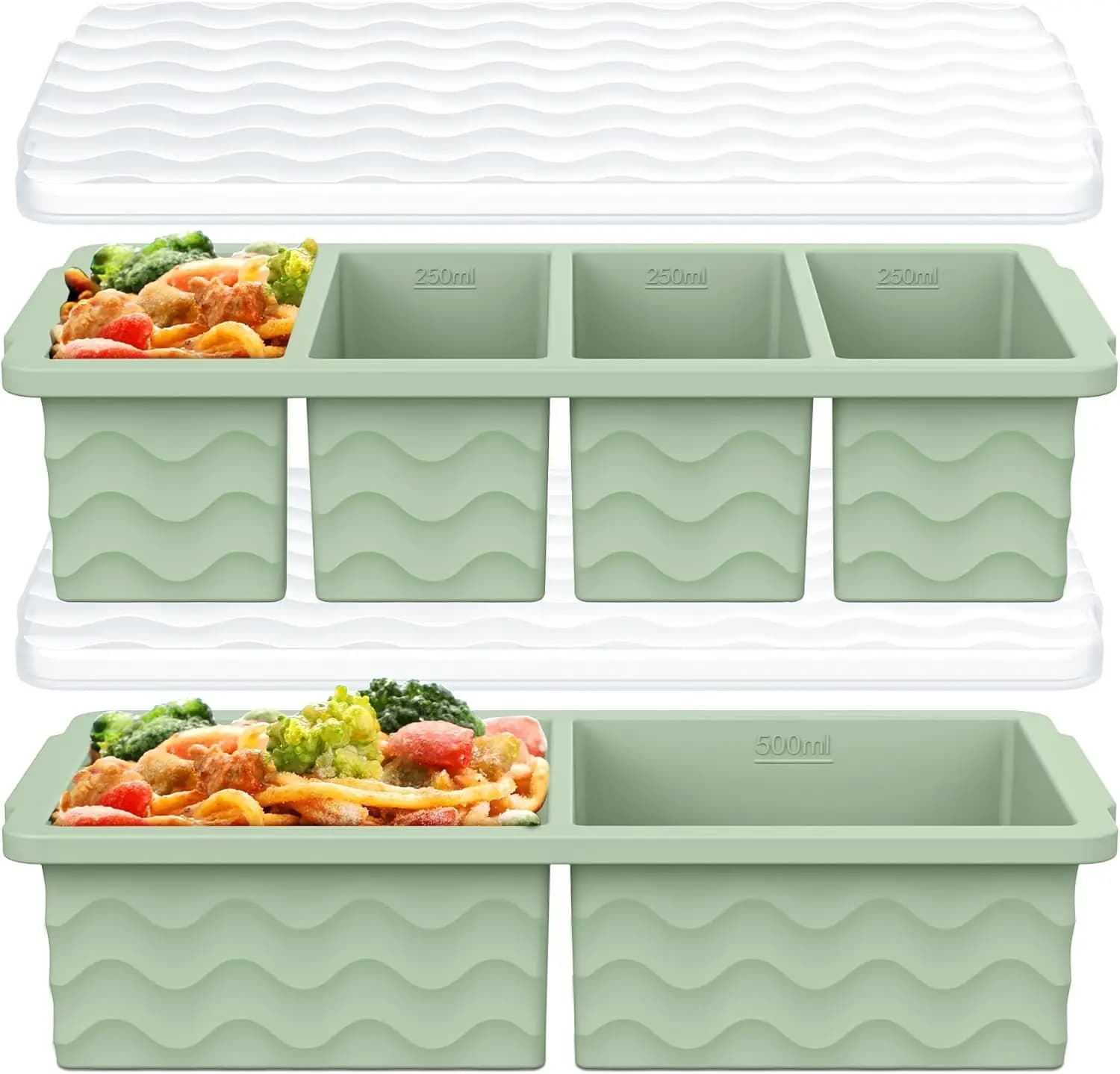 Stampi in Silicone per Congelatore con Coperchi, Set da 2 Grandi Vassoi per Cubetti di Ghiaccio per Zuppe, Preparazione Pasti, Porzioni da 500mL/250mL/125mL
