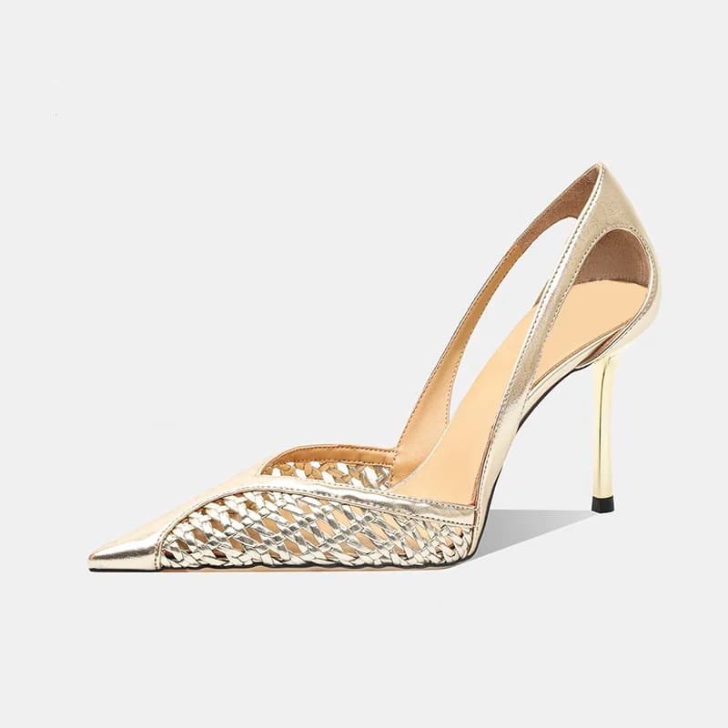 Fashionable women's sandals in hollow mesh Sandals with little deep heel Brand tip Comfort elegant shoes signed with women's slim heel
