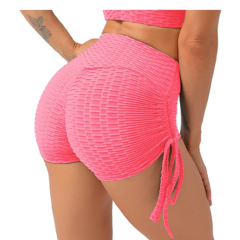 Women Gym Shorts Yoga Fitness Running Athletic Wear High Waist Side Drawstring Bubble Textured Slim Peach Hip Sportswear Set