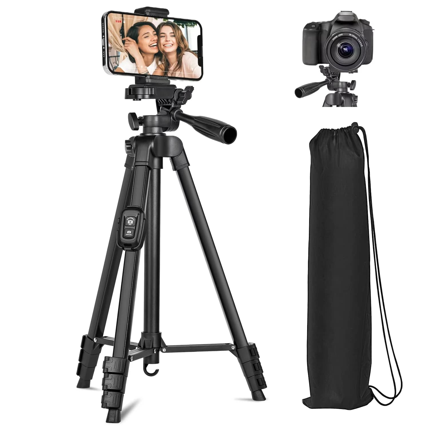 Treppiede, treppiede per fotocamera da 60 pollici con borsa da viaggio, treppiede per cellulare con telecomando, treppiede professionale portatile in alluminio