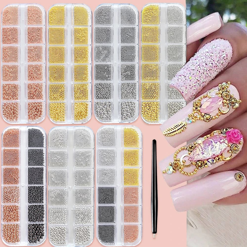 12 griglie perline in acciaio oro/argento ciondoli per nail art natale perline di caviale di dimensioni miste con 1 penna magnetica decorazioni per manicure strass
