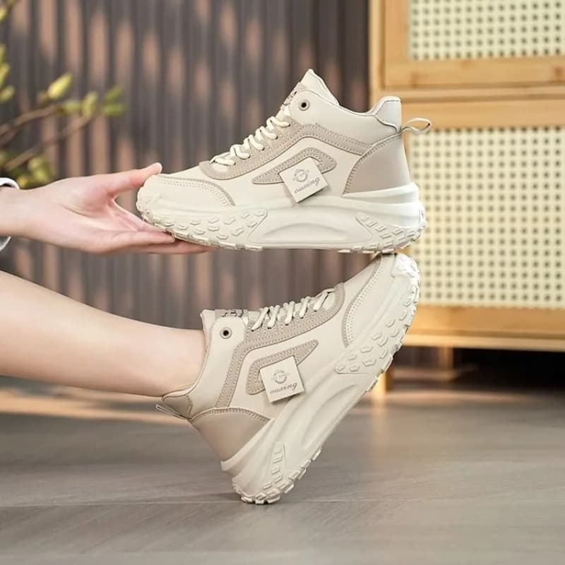 Women Beige Chunky High‑top Sneakers, Tire Pattern Thick Platform Sole Height‑Increase Leather Casual Shoes, Fashion