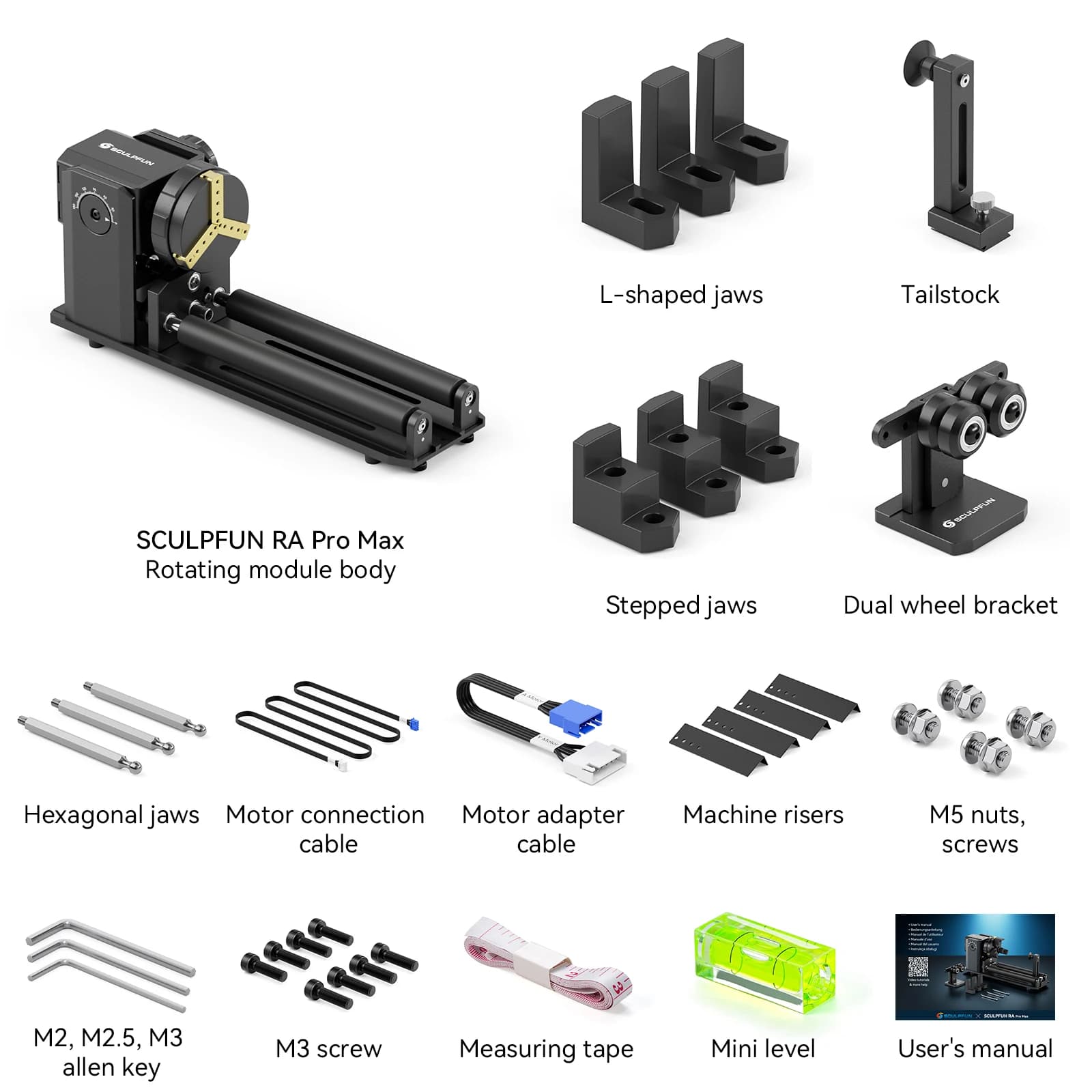 SCULPFUN RA Pro Max 4 in 1 Rotary Chuck for Laser Engraver, Y-axis Multi-Function Rotary Roller Engraving Module with 180° Adjus
