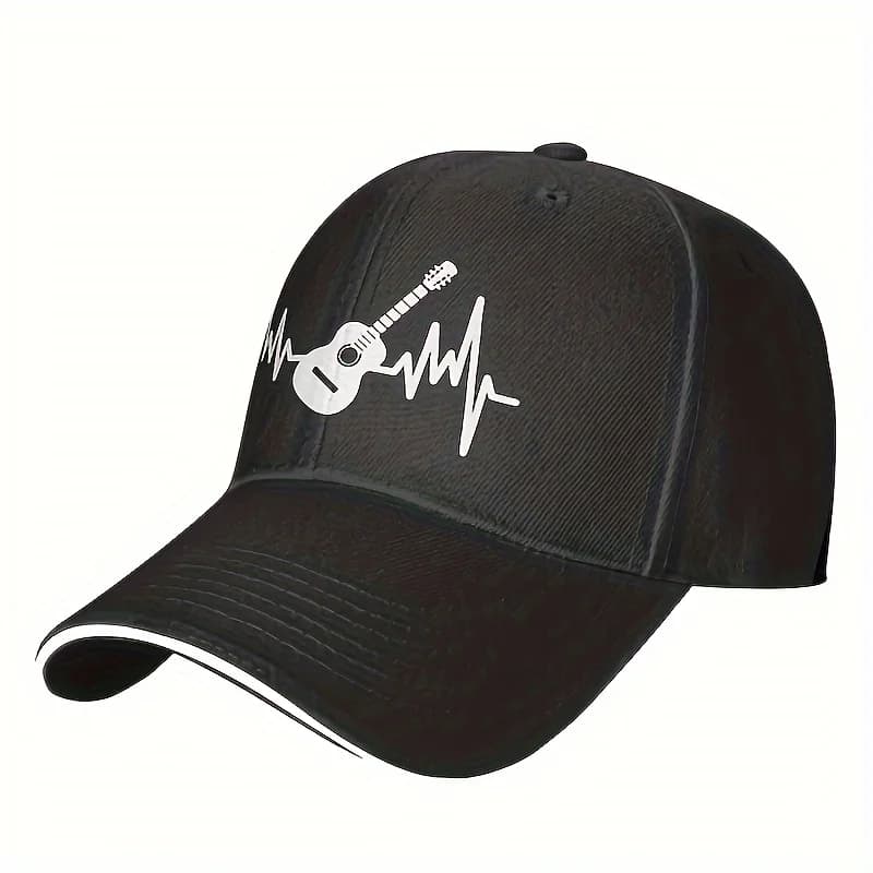 Fantastico cappellino da baseball classico hippie con visiera curva, cappello trucker stampato con battito cardiaco di chitarra, per amanti della musica, ideale per il tempo libero e gli sport all'aria aperta.