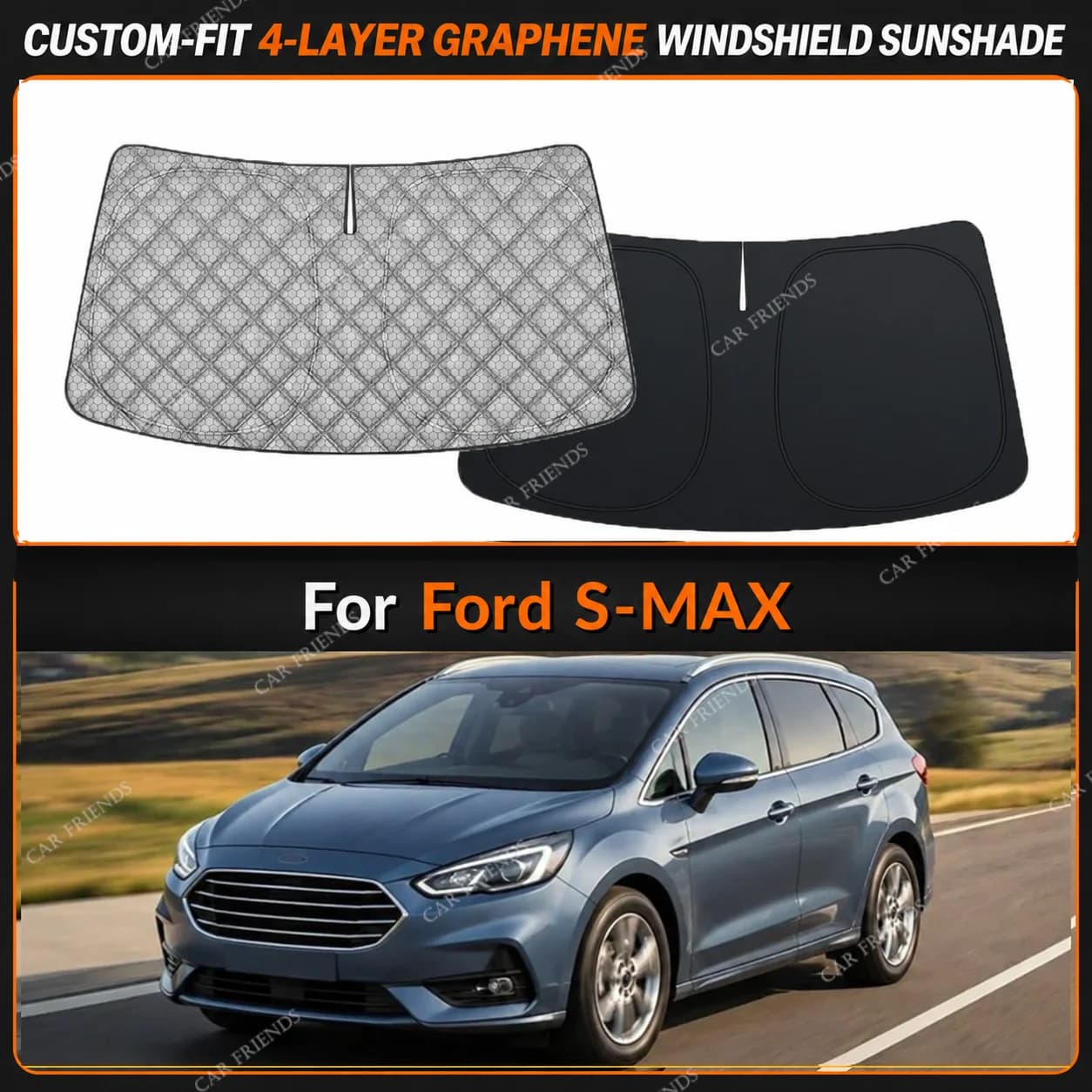 For Ford S-MAX Custom-Fit 4-Layer Graphene Windshield Sunshade Reflective Gray-Silver Surface Helps Reduce Direct Sunlight