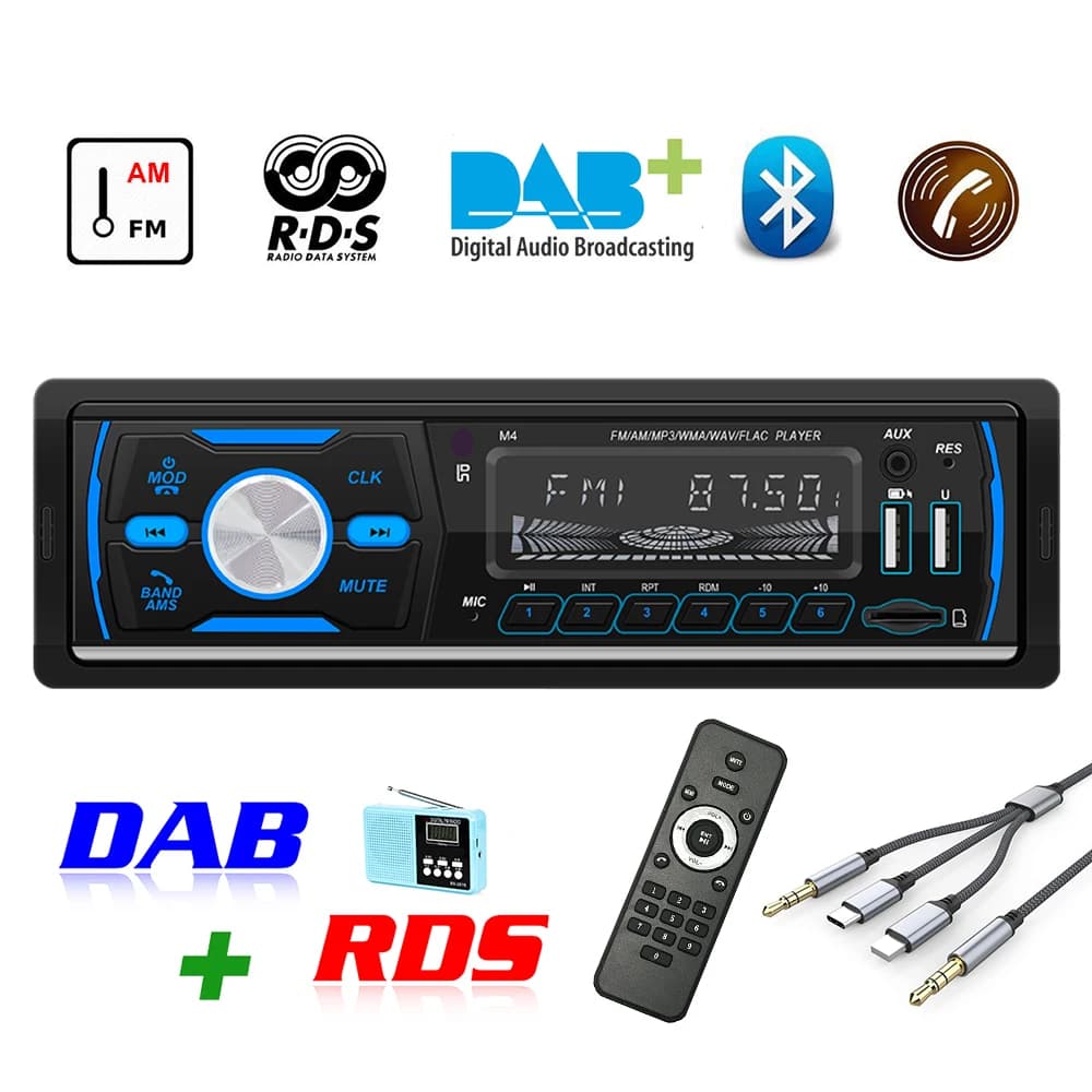 DAB + Autoradio 1Din RDS Vivavoce MP3/SD/MMC AUX F/AM12V USB Schermo LCD Audio Digitale Indash Lettore Stereo Bluetooth TF Card