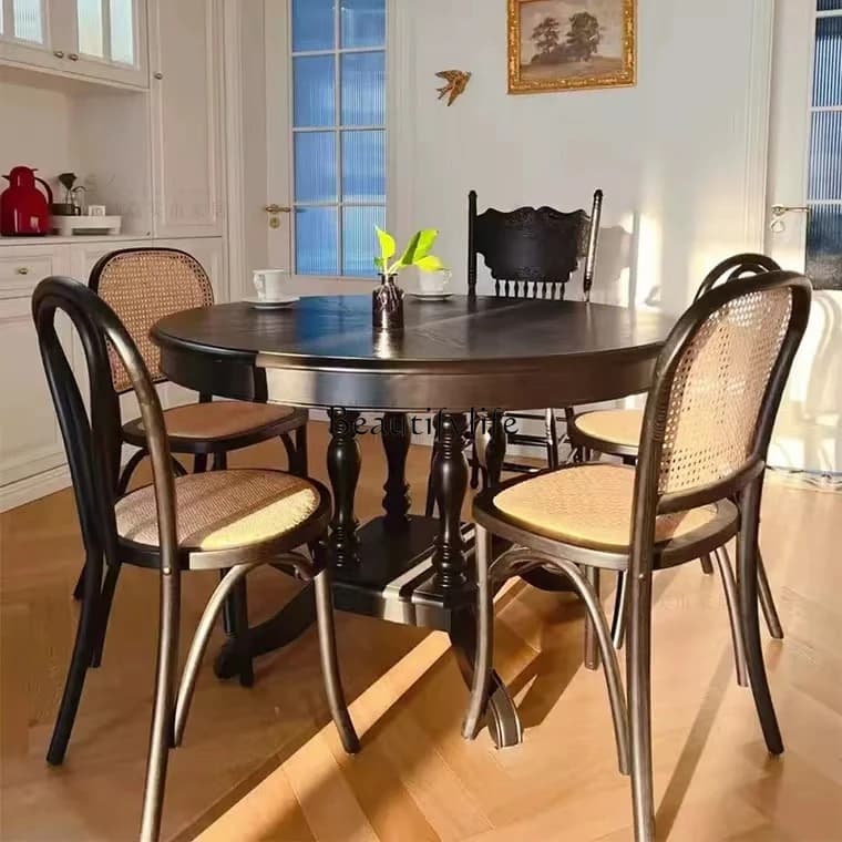 04*French retro black round dining table American solid wood telescopic