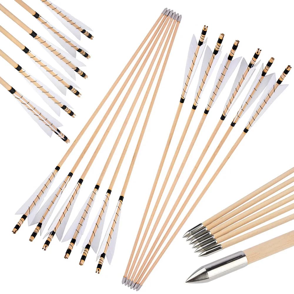 12X Tiro con l'arco Frecce in legno Punta larga 5 "Tacchino Piuma bianca Tiro al bersaglio Freccia in legno Albero OD8mm Punta di freccia in acciaio inossidabile