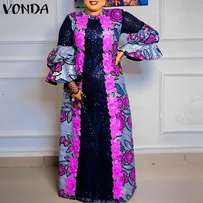 VONDA 2026 Bohemian Maxi Dresses Women Casual Vestidos Long Sleeve Vintage Round Neck Loose Print Sundress Ruffles Pleated Robe
