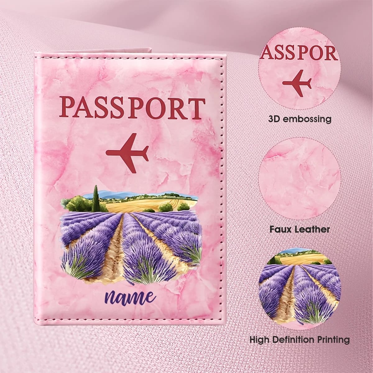 Custom Name Purple Lavender Field Pastoral Landscape PU Passport Holder, Featuring a Neatly Arranged Lavender Flower Field