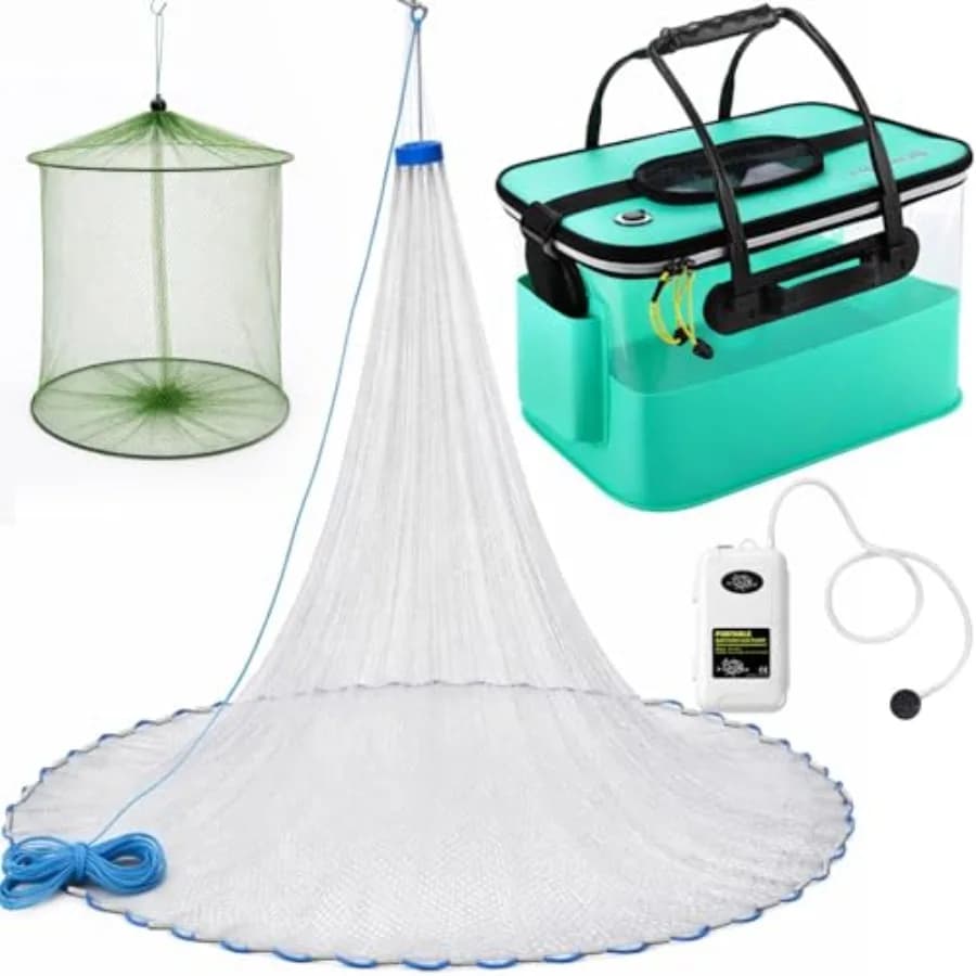 Set di 3 Secchi per Pesca con Aeratore per Esche Vive e Rete da Lancio, con Piombi Resistenti, Secchio Pieghevole per Esche Vive, Portatile e Silenzioso
